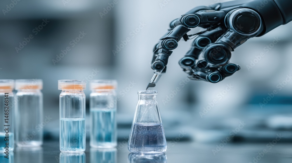 Aufkleber robot hand adding liquid to flask in laboratory setting close up shot artificial intelligence in sci