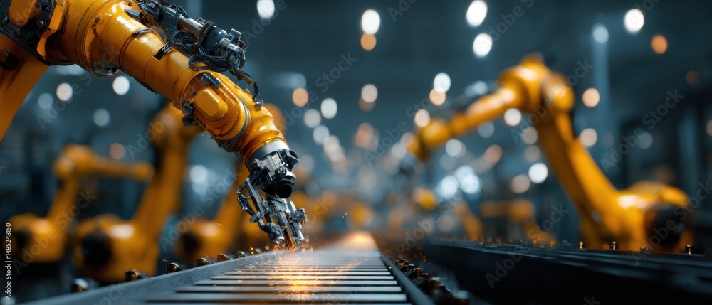 Aufkleber robotic arms welding assembly line in factory industrial automation close up production process