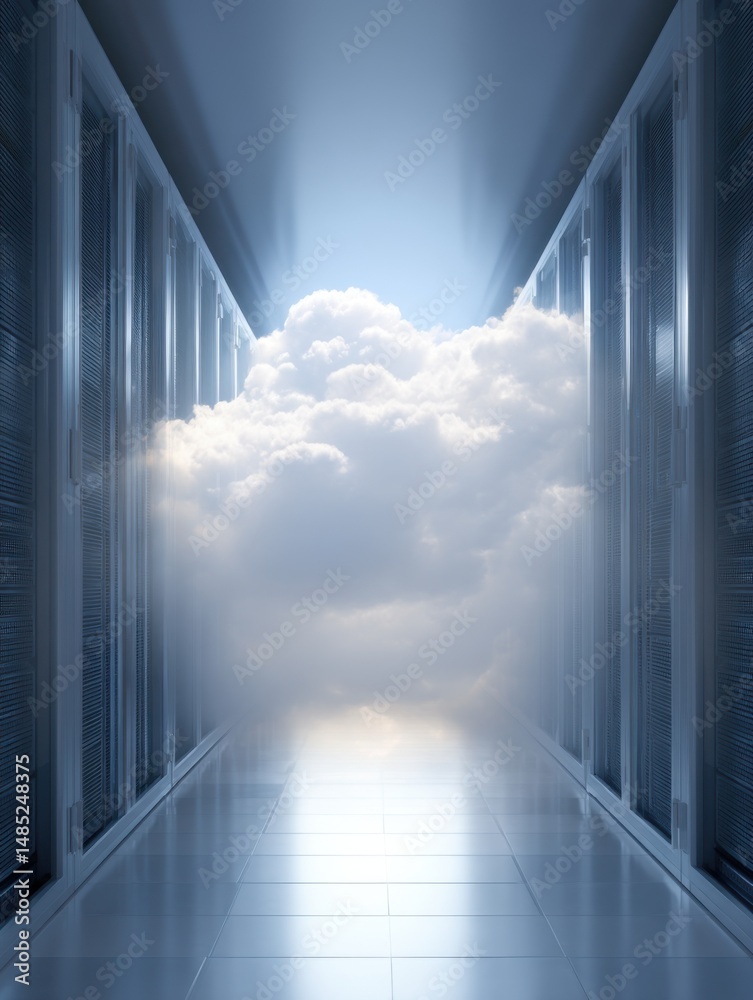 Poster Cloud computing concept in server room; data center with cloudscape, storage, information technology, futuristic, perspective view