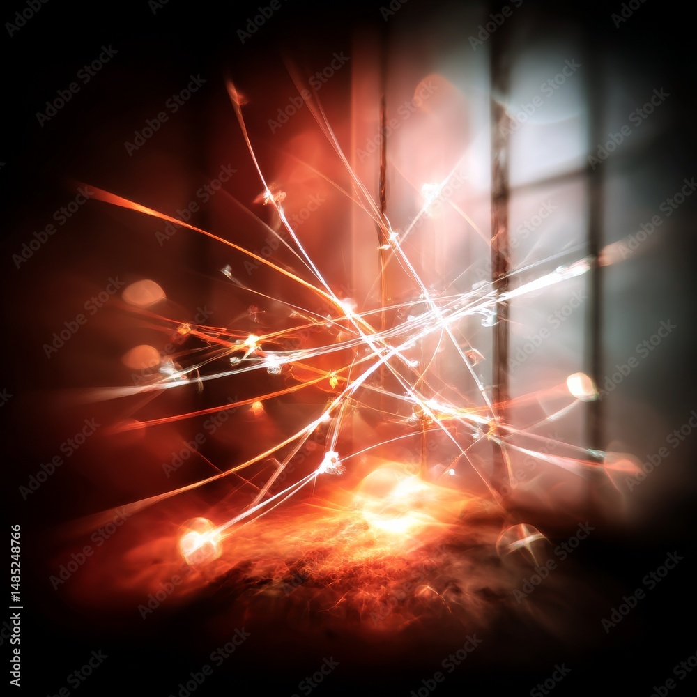 Aufkleber Ethereal Sparks: Abstract Light Trails and Bokeh in a Dark, Warm-Toned Space with a Hint of Architectural Structure