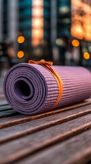 Rolled Purple Yoga Mat Tied with Orange Band on Wooden Bench