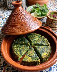 Moroccan spinach tagine presentation with lid ajar in terracotta dish on patterned tile surface overhead shot
