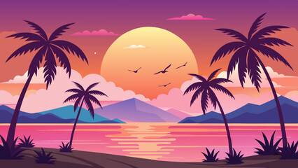Fototapeta premium Tropical sunset scene with palm trees, mountains, birds, and a vibrant sky with a large sun setting