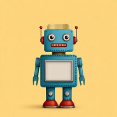 Fototapeta premium Bright blue retro robot standing upright against a cheerful pastel yellow backdrop showcasing playful design elements and emphasizing whimsical charm in nostalgic technology