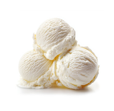 Three scoops of creamy vanilla ice cream on a white background ready to be enjoyed on a sunny day