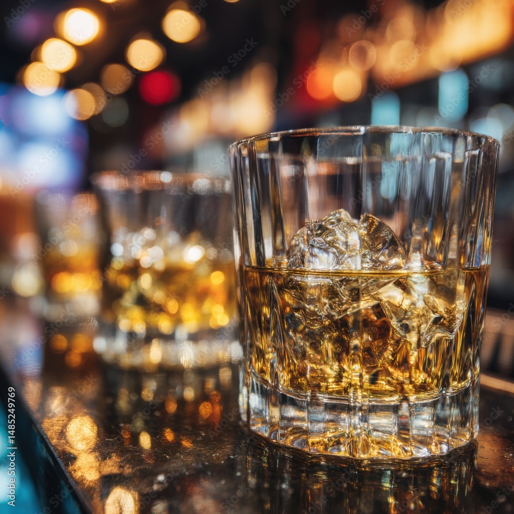 Aufkleber whiskey on the rocks in a glass on a bar top with bokeh lights in the background close up shot