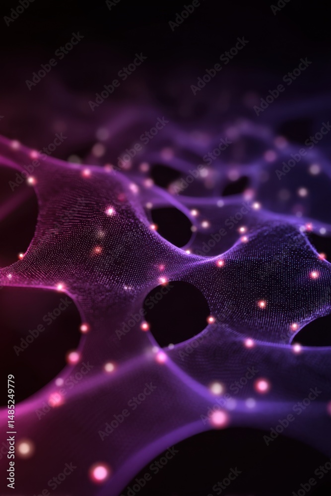 Poster Abstract purple network with glowing nodes in a dark space close up view for technology concept science background