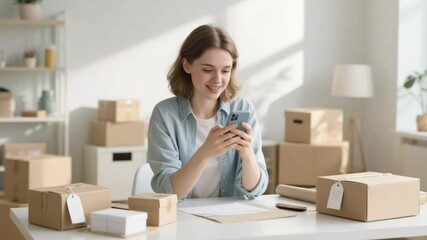 Cheerful woman in blue shirt smiles at phone while sitting at table with cardboard boxes and packing supplies, bright home office, small business owner checking orders, ecommerce workspace, cozy setti - Powered by Adobe
