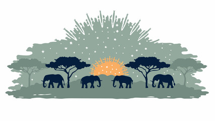 Silhouette of elephants under trees and a sunburst in a starry african landscape at dusk or dawn scene
