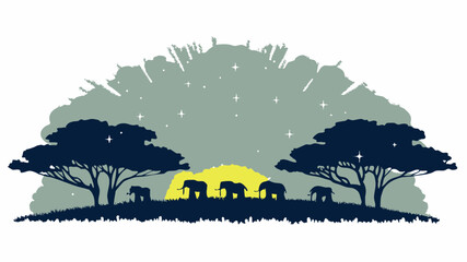 Silhouette of elephants walking across the savanna at sunset with trees and stars in the background scene