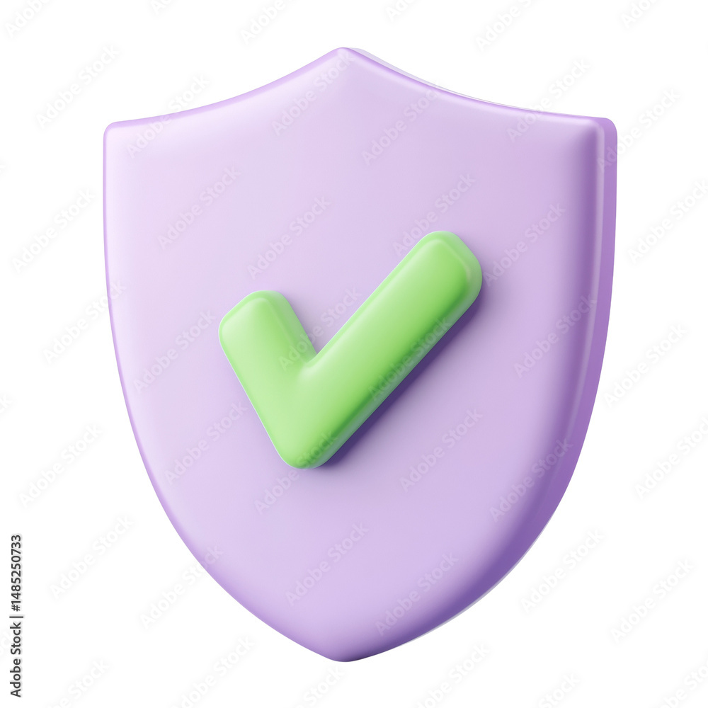 Poster 3d rendered pastel shield with green checkmark for security solutions