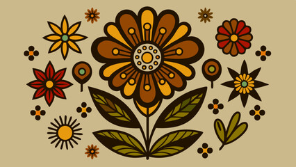 Illustration of a large brown and yellow flower surrounded by smaller floral elements on beige background