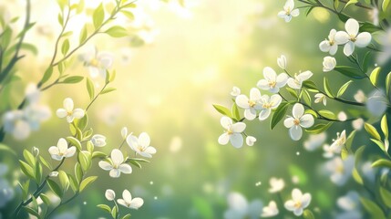 Delicate White Flowers Under Soft Sunlight in a Lush Green Landscape