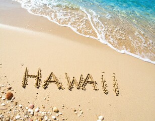 Fototapeta premium Hawaii beach sand writing with seashells and ocean waves