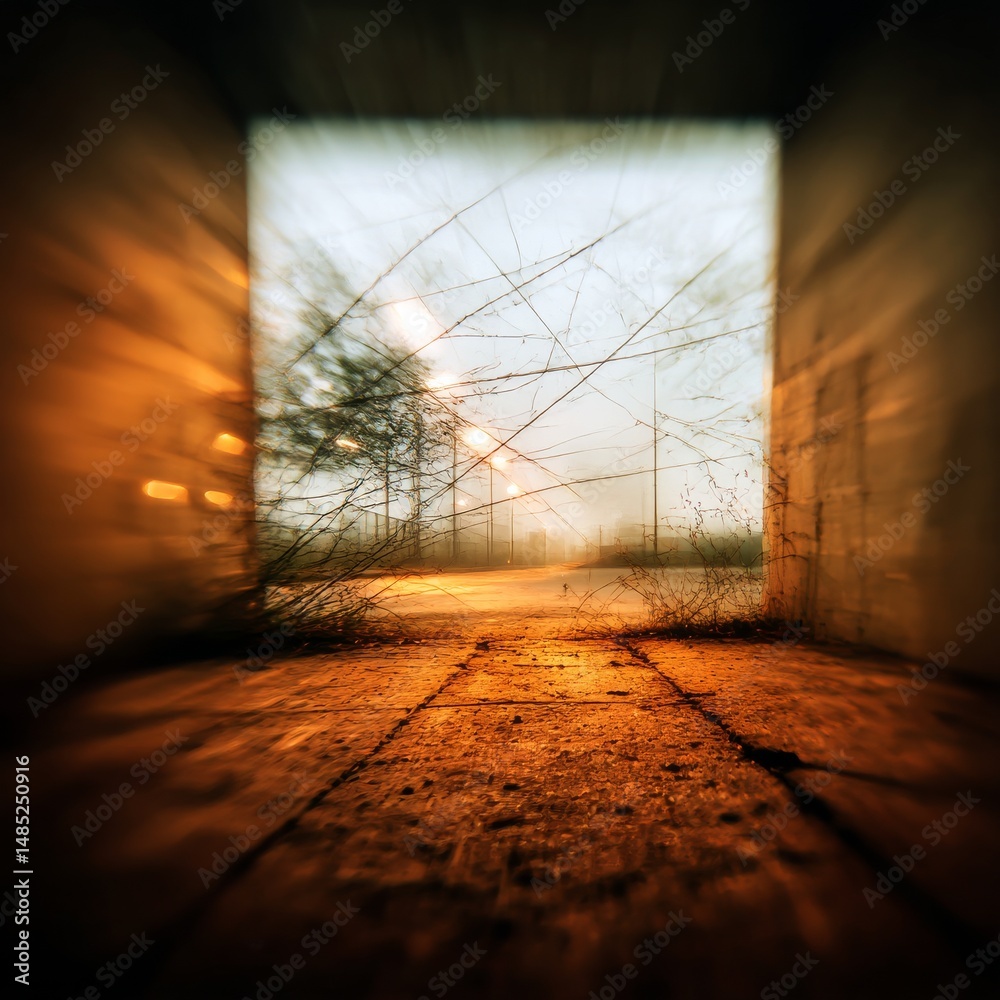 Poster tunnel vision: distant light at the end of a dusty path, a moment of hope and perspective