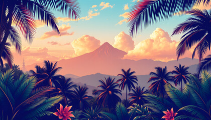 Fototapeta premium vibrant and lush tropical-themed backdrop for an American poster, sticker style. with white shades