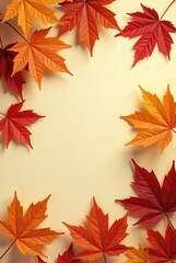 Fototapeta premium Autumnal Foliage Arranged in a Delightful Frame on a Pale Yellow Background Featuring Vivid Hues of Red and Orange Leaves