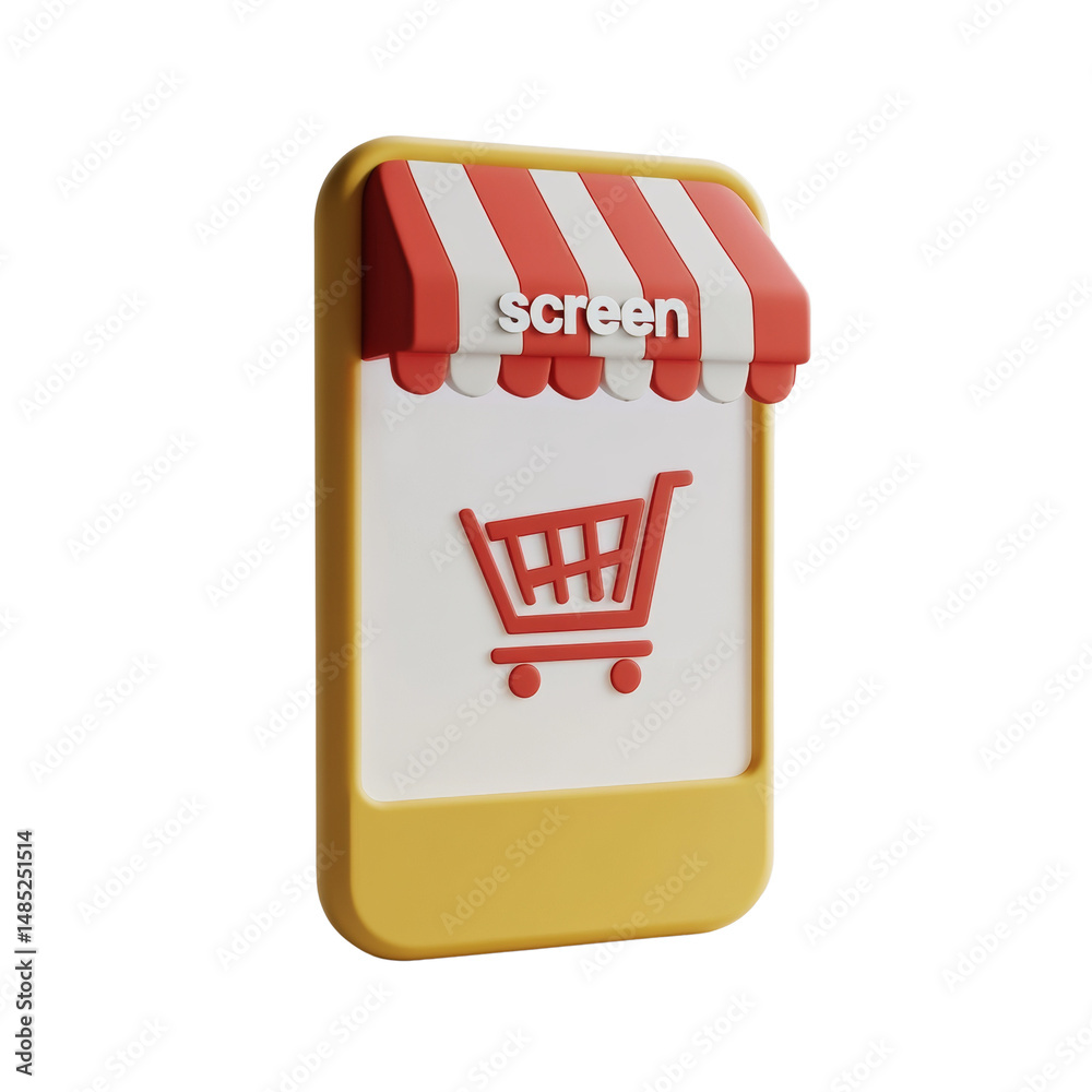 Poster online digital store on phone screen with awning and shopping cart icon