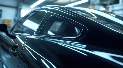 Sleek, black sports car's rear quarter panel, gleaming under bright garage lights