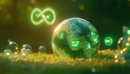 Emerald sphere, glowing with green symbols, rests on grass, surrounded by other glowing orbs. Infinity symbol hovers above