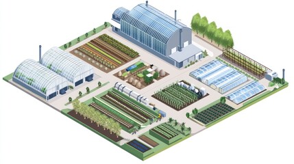 Modern farm diagram showing greenhouses, crops, water systems, and equipment zones.