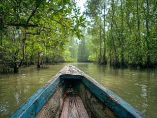 Fototapeta premium Boat ride through tranquil mangrove forest waterscape from point of view perspective in tropical location