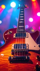 Fototapeta premium Close-up of electric guitar with colorful stage lights in background