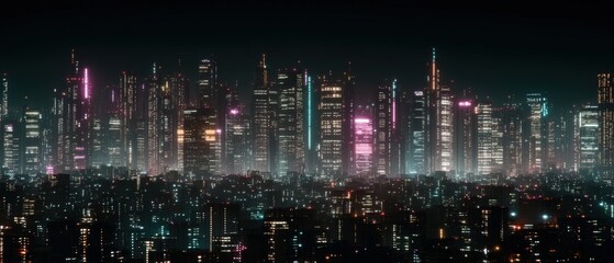 Obraz premium Futuristic skyline featuring modern architecture illuminated by vibrant lights in a digital city during twilight showcasing urban sophistication and advanced technology atmosphere
