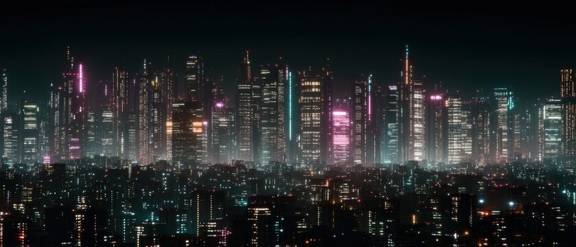 Futuristic skyline featuring modern architecture illuminated by vibrant lights in a digital city during twilight showcasing urban sophistication and advanced technology atmosphere