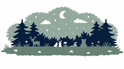 Obraz premium Illustration of a forest scene with animals under a starry night sky and a crescent moon overhead