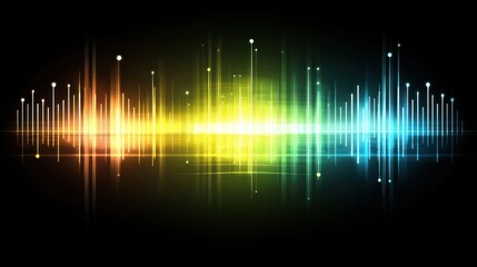 Vibrant audio waveform visualization with colorful, glowing lines and bright lights against a dark background