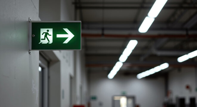 Emergency exit sign with directional arrow in industrial building. Green illuminated safety indicator on white wall. Evacuation route and fire safety concept. Workplace regulations. Horizontal banner
