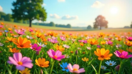 Fototapeta premium Vibrant Meadow of Colorful Blossoms Basking in Golden Sunlight, a Serene Pastoral Scene