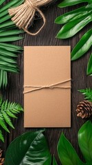 Rustic Brown Paper Card Mockup with Tropical Leaves and Pine Cones