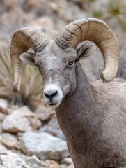 Obraz premium Majestic bighorn sheep portrait in natural habitat, close-up view of head and horns, wildlife photography in Nevada