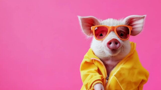 Cerdito elegante y alegre en una fiesta, hablando emocionado con gestos.