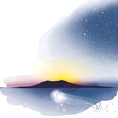 Fototapeta premium Serene Sunset Landscape with Jellyfish A Watercolor Illustration.