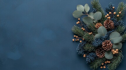 Rustic Christmas Wreath with Pine Cones and Eucalyptus on a Dark Blue Door