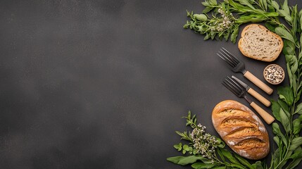 Rustic Flatlay of Two Loaves of Bread with Herbs on Dark Background