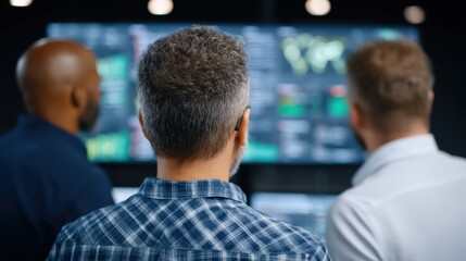 Team of diverse professionals analyzing financial data on multiple screens in a high-tech office environment demonstrating collaboration and decision-making processes crucial for business success
