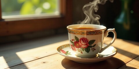 Aromatic Tea in an Ornate Cup Basking in Sunlight by a Window
