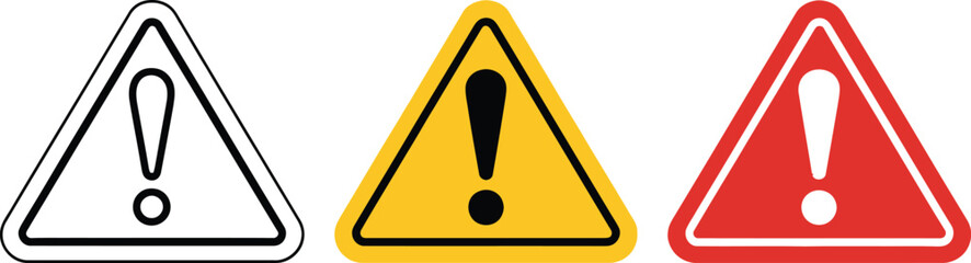 Three warning signs with exclamation marks in triangle shapes isolated on a white background