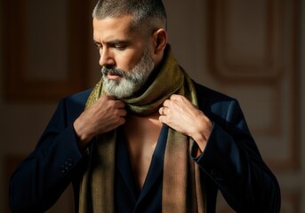 Gen X man with close cropped hair and salt and pepper beard adjusting a gold-accented scarf over a deep navy blazer.