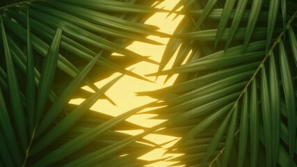 Bright sunlight filtering through vibrant tropical palm leaves in gentle breeze