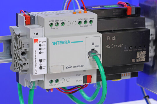 Interra controller for lighting control via DMX data protocol. Mounted on the DKC metal mounting rod in the electrical control panel. 