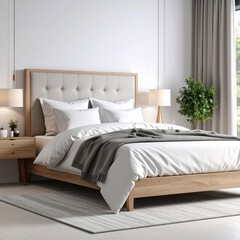 Perspective view of double bed with headboard and blanket