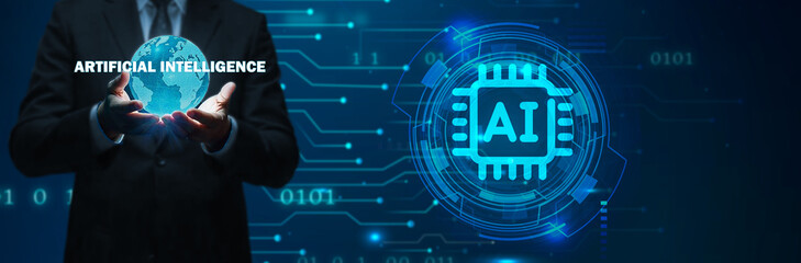 Businessman holds a glowing globe with "ARTIFICIAL INTELLIGENCE" text and interacts with an AI icon, symbolizing global AI development, machine learning, futuristic computing, and the future .