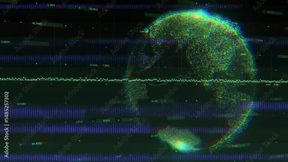 Poster flat design pixelated globe rotating right with labels data bars glitches moving on interface