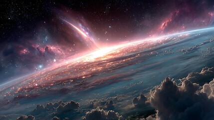 From space, a celestial body is surrounded by an atmospheric layer. Stars are visible, along with a bright comet, or shooting star. Below, there is cloud cover.