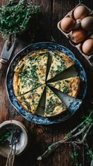 Overhead shot of sliced spinach frittata on patterned plate with eggs and herbs on rustic wooden table